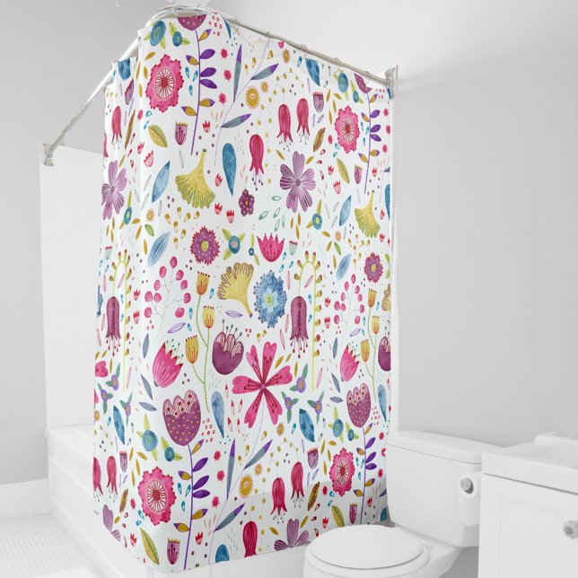 Cortina Para Box Pintura Botânica de Cores Aquáticas (Wildflower watercolor floral pattern shower curtain)