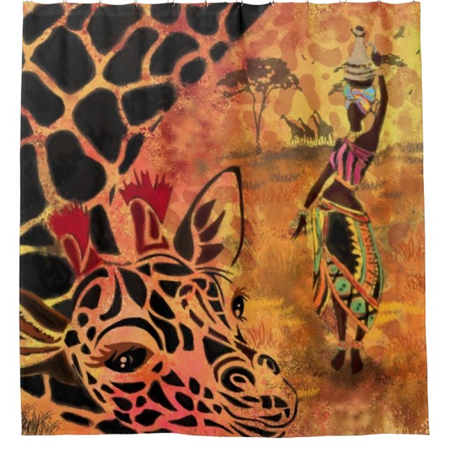 Cortina Para Box Pintura de Chá de Mulher e Girafa (Frente)