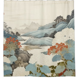 Cortina Para Box Pintura de jardim Hydrangea ao ar livre.