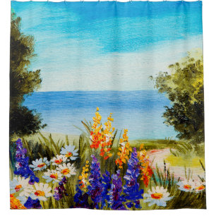 Cortina Para Box pintura de óleo de flores perto do mar, campo de c
