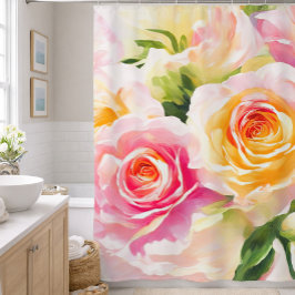 Cortina Para Box Pintura de Rosas Amarelas e Rosadas