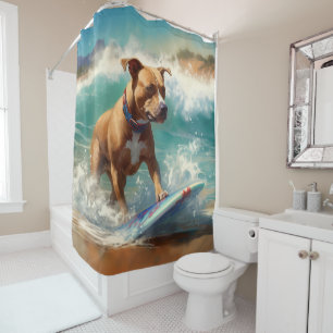 Cortina Para Box Pintura de Surf na Praia do American Staffordshire