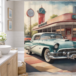 Cortina Para Box Pintura em Aquarela de Carro Antigo e Lanchonete