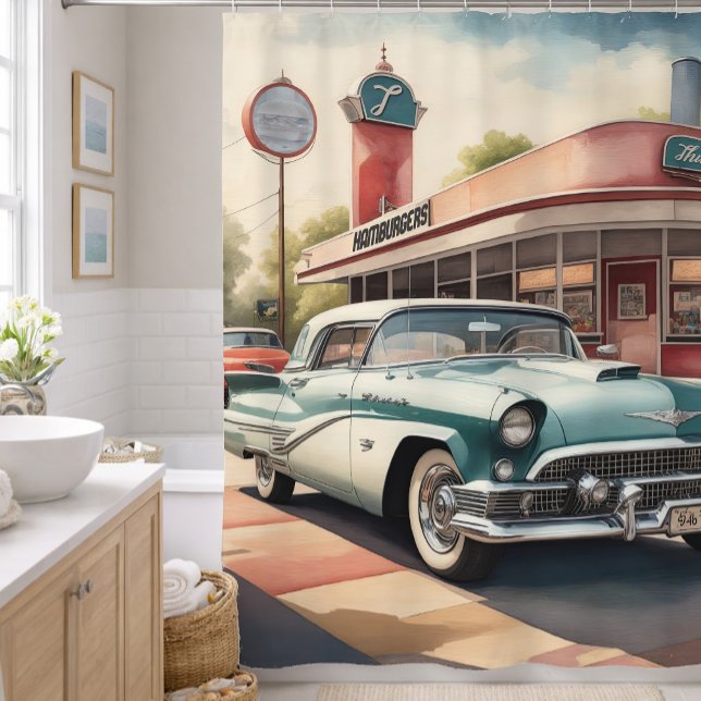 Cortina Para Box Pintura em Aquarela de Carro Antigo e Lanchonete (Criador carregado)