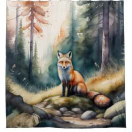Cortina Para Box Pintura em Aquarela de Fox na Floresta