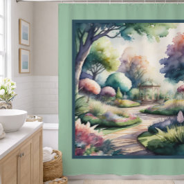 Cortina Para Box Pintura em Aquarela de Paisagem de Jardim