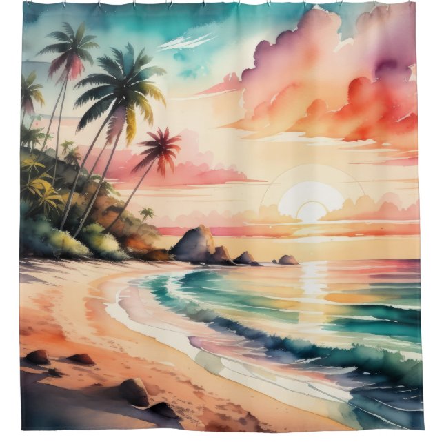 Cortina Para Box Pintura em aquarela do Sunset Tropical de Praia (Frente)