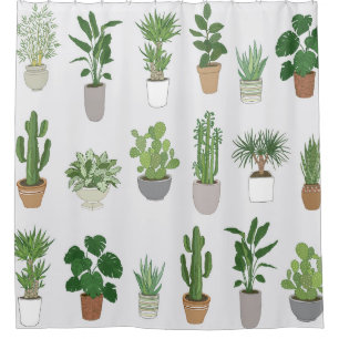 Cortina Para Box Plantas caseiras, padrão de rabisco de vintage