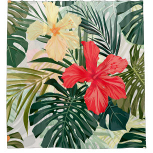 Cortina Para Box Plantas tropicais havaianas, flores coloridas.