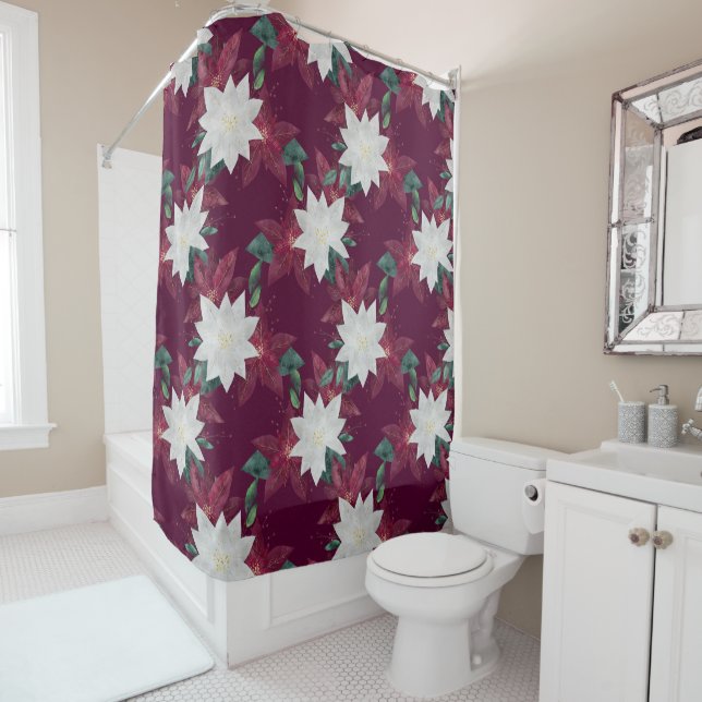 Cortina Para Box Poinsettia Burgundy e Teal Winter Holiday Floral (In Situ)