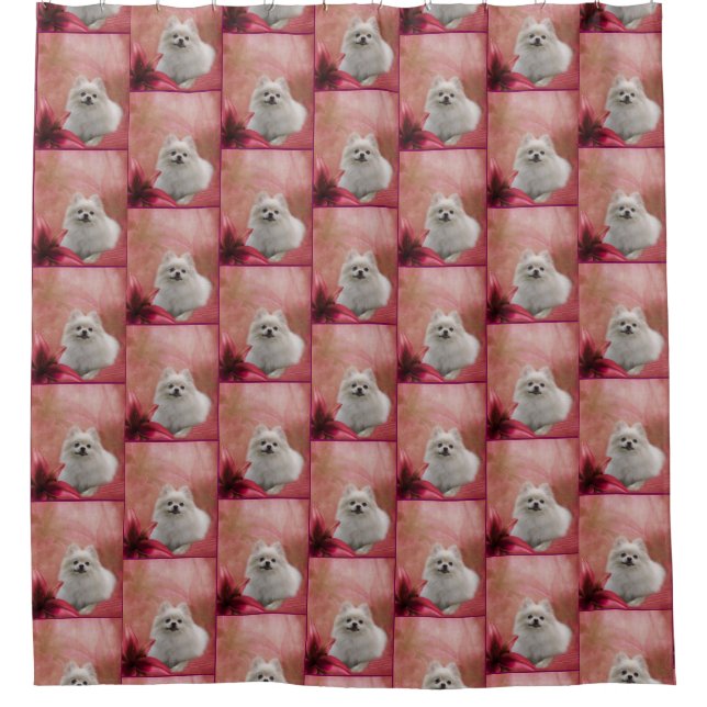 Cortina Para Box Pomerânia Branca De Cães E Flores (Frente)