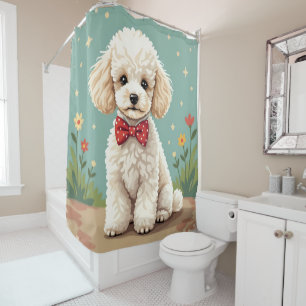 Cortina Para Box Poodle branco adorável com gravata borboleta