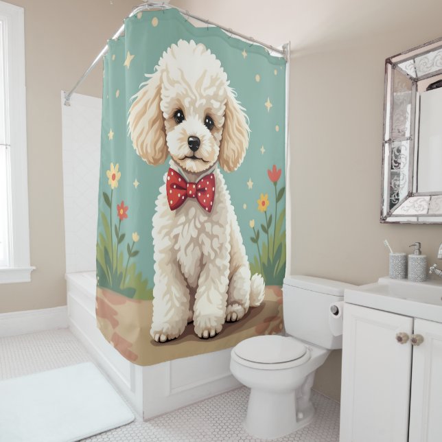 Cortina Para Box Poodle branco adorável com gravata borboleta (In Situ)
