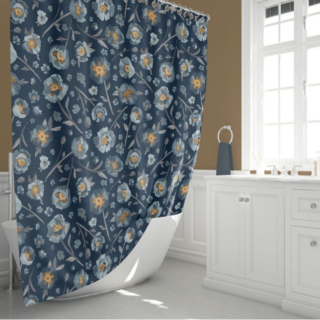 Cortina Para Box Pópias Azul Padrão Floral (Poppies Blue Floral Pattern Shower Curtain from Studio Posies.)