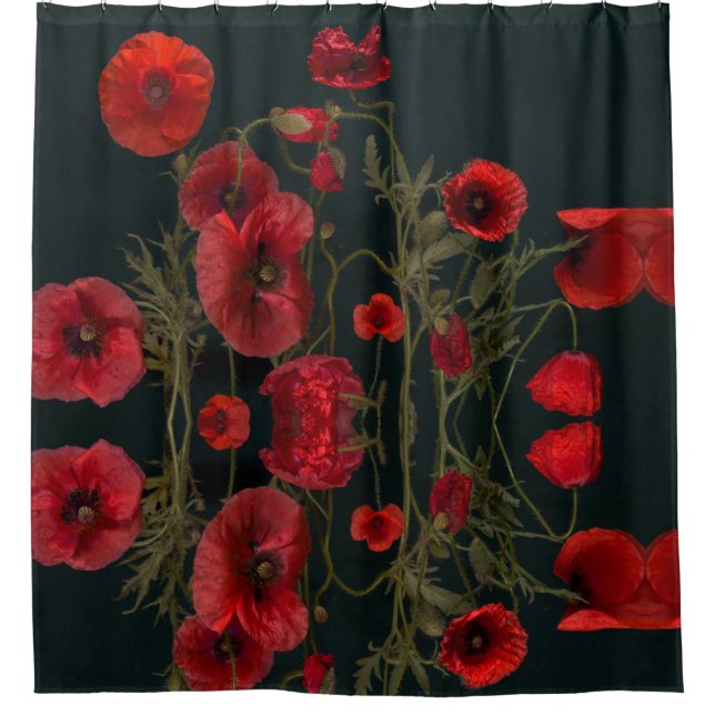 Cortina Para Box Poppies Vermelhos em Preto (Frente)