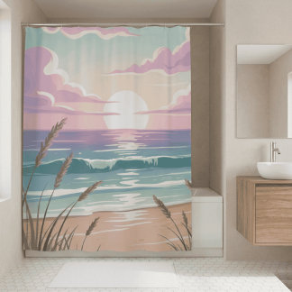 Cortina Para Box Pôr do sol na praia costeira Aquarela Pastel Mar G