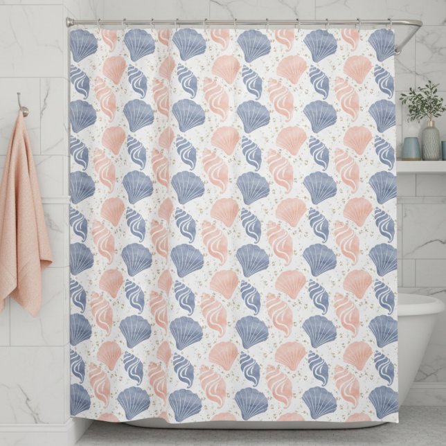 Cortina Para Box Praia Costeira (pastel pink blue coastal seashell pattern shower curtain)