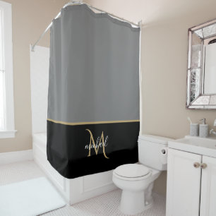 Cortina Para Box Preto Cinza & Monograma Dourado Luxo Elegante