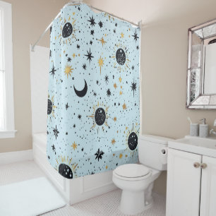 Cortina Para Box Preto, Dourado e Azul Sol Lua Estrelas Celestiais