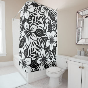 Cortina Para Box Preto e Branco Ousado Floral Moderno em Flor