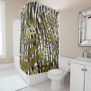 Cortina Para Box Preto e Dourado Estampa de Zebra Safari Chic Glamo