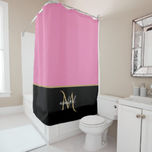Cortina Para Box Preto   Monograma Rosa e Dourado Luxuoso Elegante