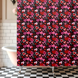 Cortina Para Box Preto Rosa Vermelho Corações Amor Padrão