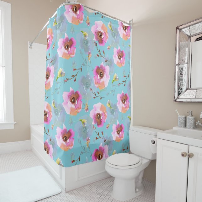 Cortina Para Box Primavera Boho Hand desenhava flores em teal (In Situ)