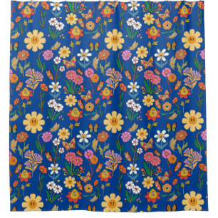 Cortina Para Box Psicodélico Flores Padrão x4 Azul BG