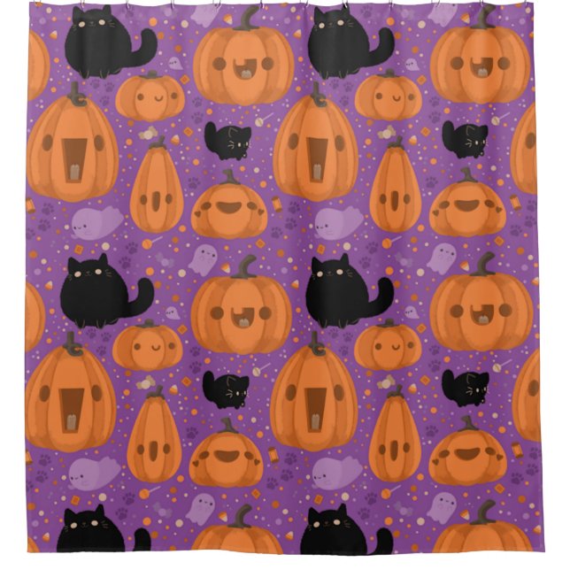 Cortina Para Box Pumpkin de gato preto e padrão fantasma (Frente)