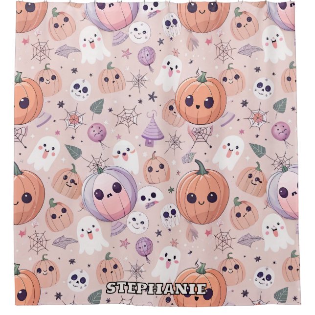 Cortina Para Box Pumpkins e Fantasmas bonitos do Halloween de rosa  (Frente)