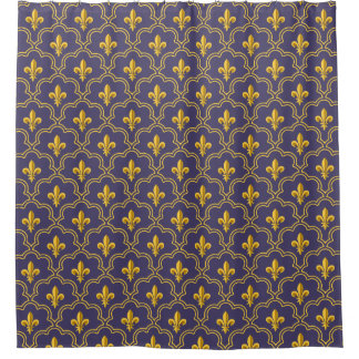 Cortina Para Box Purple and gold fleur-de-lys quatrefoil pattern