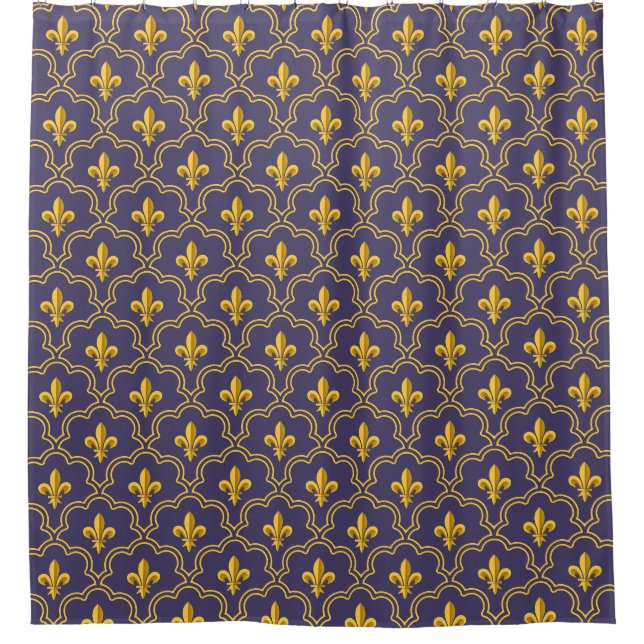 Cortina Para Box Purple and gold fleur-de-lys quatrefoil pattern (Frente)