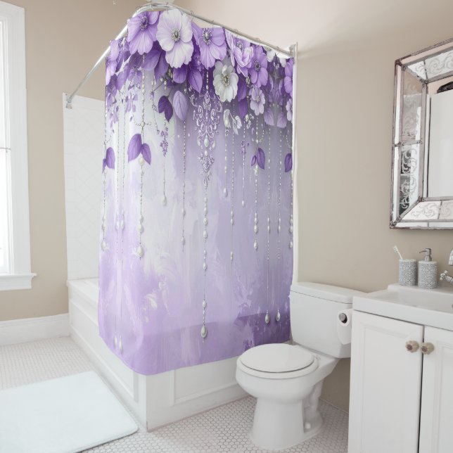 Cortina Para Box Purple Flowers with Dangling Pearls Shower Curtain (In Situ)
