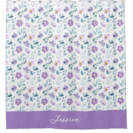 Cortina Para Box Purple Green Watercolor Wildflower Monogram Name