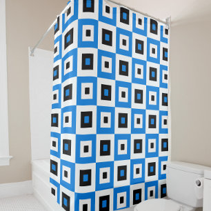 Cortina Para Box Quadrados Xadrez Azul Preto e Branco