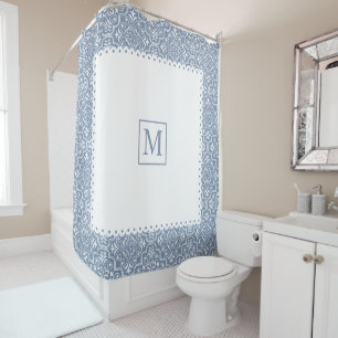 Cortina Para Box Quadro branco e monograma de cor damasco azul empo