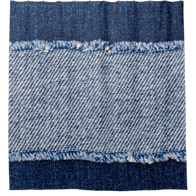 Cortina Para Box Quadro de jeans azuis com borda denim. (Frente)