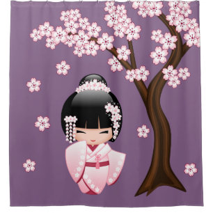 Cortina Para Box Quimono Rosa Boneca Kawaii Kokeshi em Roxo
