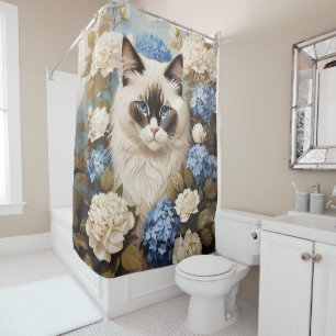 Cortina Para Box Ragdoll Cat Com Flores De Hydrangea Azuis