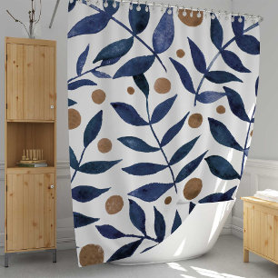 Cortina Para Box Ramais e bagas de aquarelas - índigo e bege