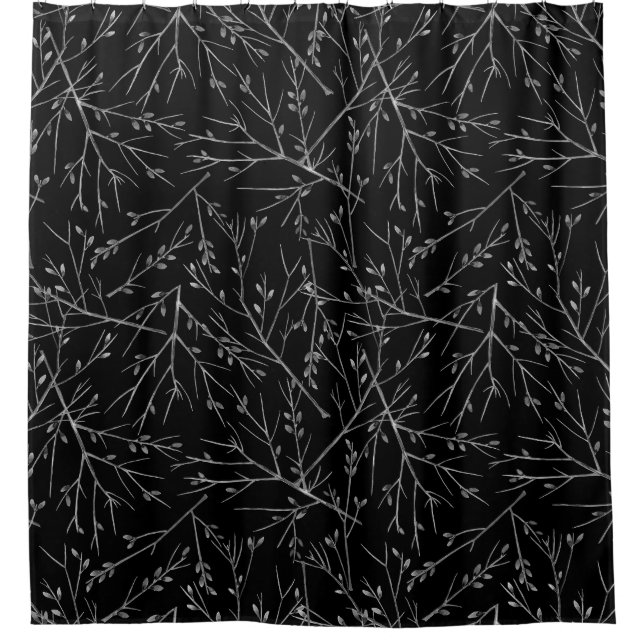 Cortina Para Box Raminhos de Prata sobre Preto (Frente)
