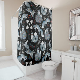 Cortina Para Box Raposas azuis estilizadas com desenhos florais int