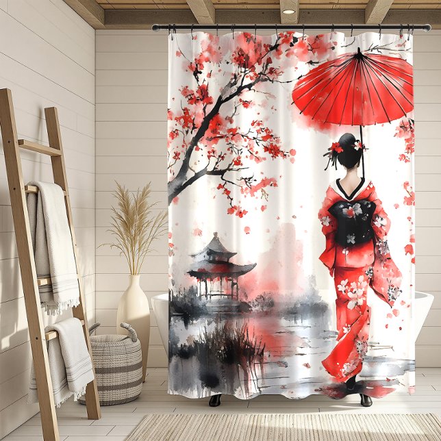 Cortina Para Box Red and Black Floral Geisha | (Criador carregado)