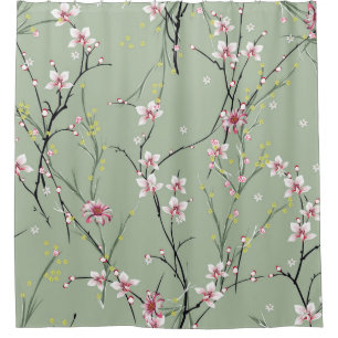 Cortina Para Box red and yellow small flower pattern on green backg