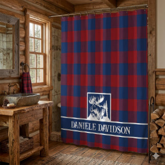 Cortina Para Box Red Blue Buffalo Plaid Rustic Moose Monogram
