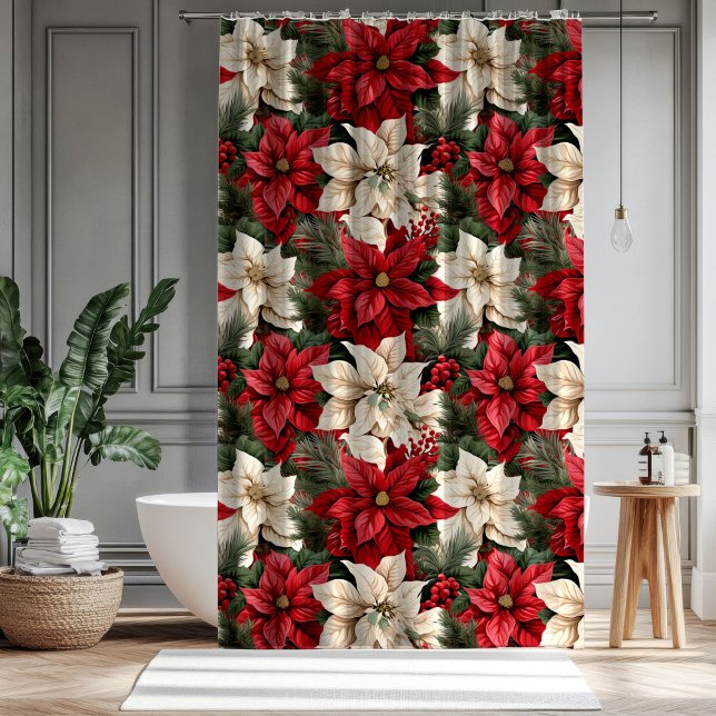 Cortina Para Box Red Poinsettia Curtain Classic Christmas Elegance (Red Poinsettia Curtain Classic Christmas Elegance)
