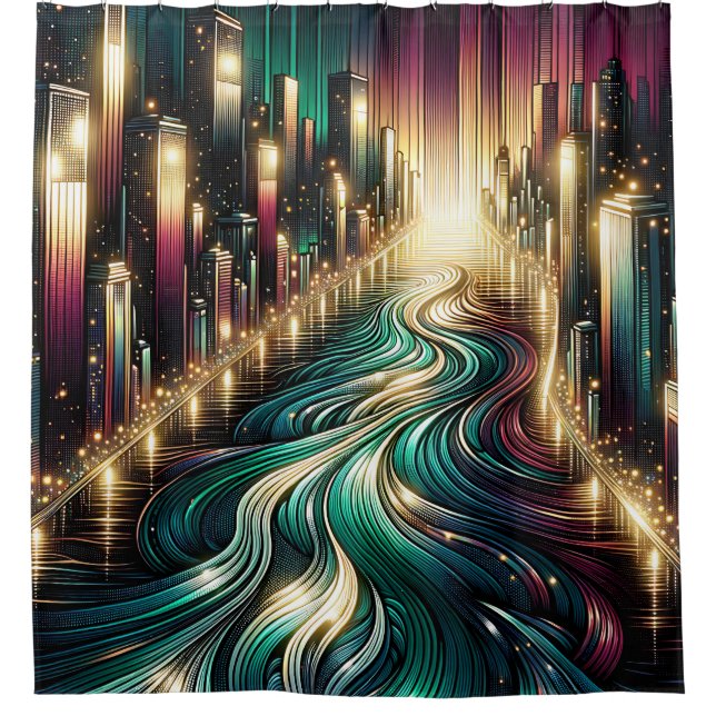 Cortina Para Box "Reflexões Teais: paisagem urbana vibrante à noite (Frente)