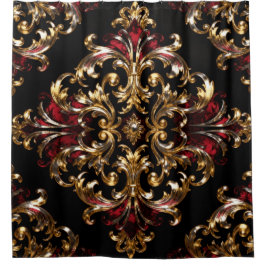 Cortina Para Box Regal Noir Pattern | Gold Scrollwork & Crimson