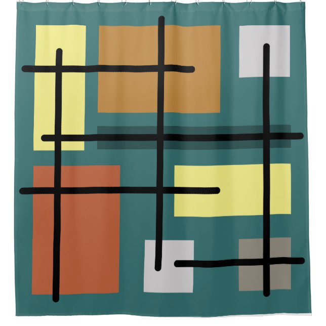 Cortina Para Box Retângulos do meio século quadrados Teal multicolo (Frente)